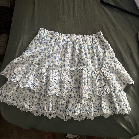 jennifer grace Dresses & Skirts - White and Blue Floral Mini Skirt with Tiered Ruffles